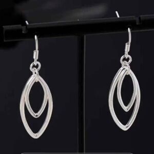 Double Silver Marquise Loop Dangle Drop Earrings- 925 Silver Hooks Allergy Safe